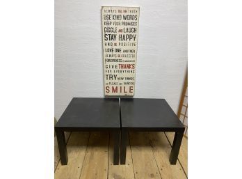Two Ikea End Tables And Decorative Wall Hanging