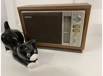 Vintage Sony AM/FM Radio And Ceramic Cat