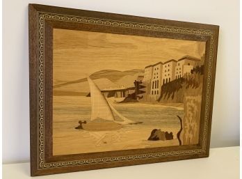 Vintage Inlaid Wood Marquetry Picture With Sailboat 11 X 10 Approx.