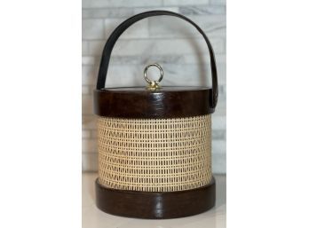 Mid Century Modern Moldtronics Ice Bucket, Faux Leather And Rattan With Gold Top Ring.