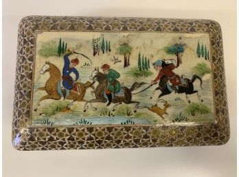 Amazing  Inlaid And Hand Painted Wooden Trinket Box With Hunting Scene 4 X 7 Inches