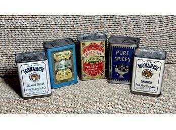 Vintage Advertising Spice Tins, 5 Pc, Including Very Old MONARCH, Golden Sun And Meadow Brook