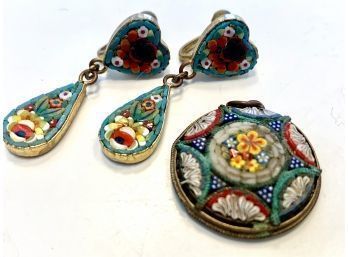 Vintage Italian Micro Mosaic Earrings And Pendant Set