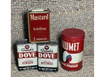 Vintage Advertising Spice Tins, Franks DOVE Brand, Schilling And Calumet 4 Pc