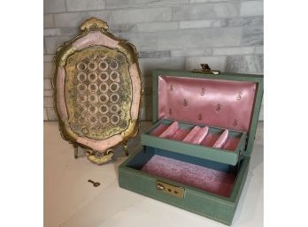 Vtg Italian Florentine Wood Tray  And Sage Green Jewelry Box