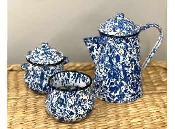 Vintage Blue And White Splatter Enamelware-Coffee Pot Sugar And Creamer