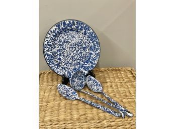 Vintage Blue And White Splatter Enamelware, Serving Utensils And Plate