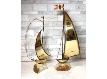 Vintage Mid Century Modern Brass Sailboat Sculptures, Signed Demott