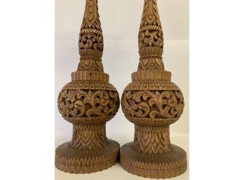 Matching  Teak Mid Century  Large Carved Table Lamps