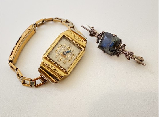 Antique Pin And Old Swiss Watch