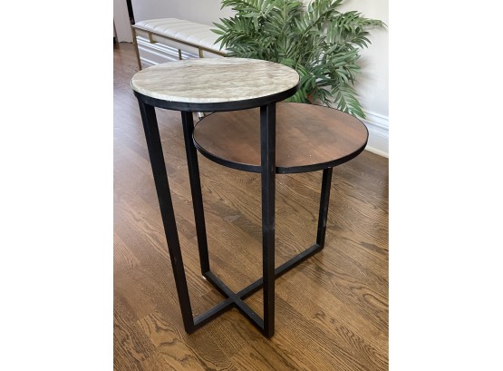 Two Tiered Marble And Wood Side Table, Iron Base