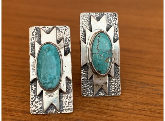 Pair Of Sterling & Turquoise Clip On Earrings