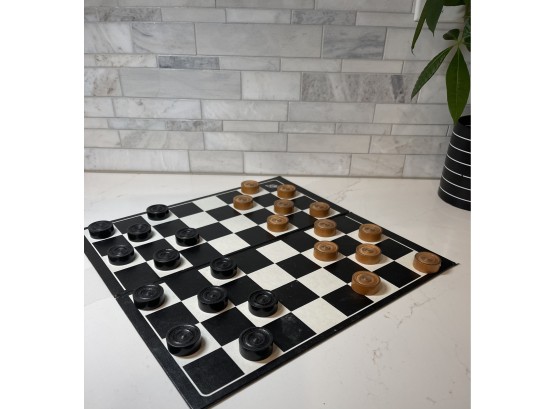 Vintage Wooden Checkers With Black And White Checker Board.