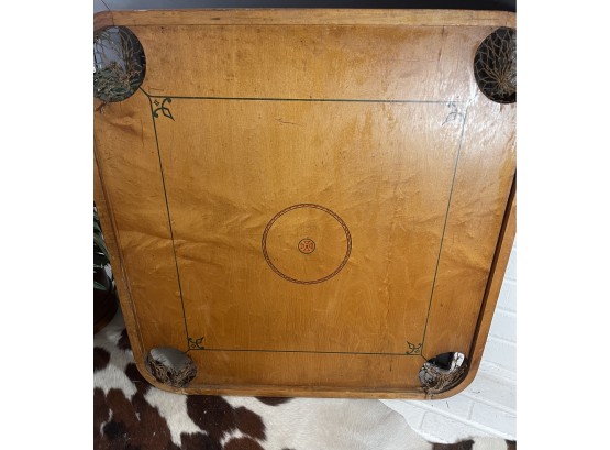 Antique 'Carrom' Style Wood Game Board.  2 Sided With 4 Pockets
