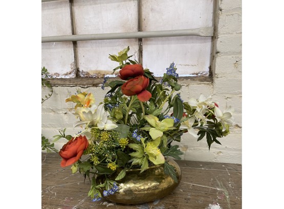 Lovely And Bright Floral Arrangement In Brass Vessel