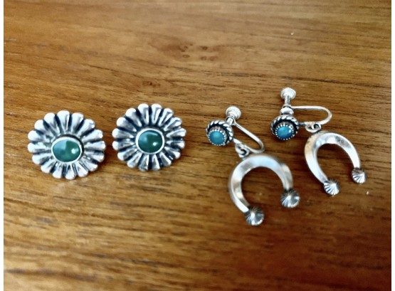 Two Sets Of Screw On Earrings Silver & Turquoise