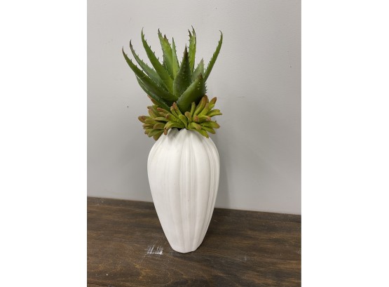 Matte White Ribbed Vase With Aloe And Succulents