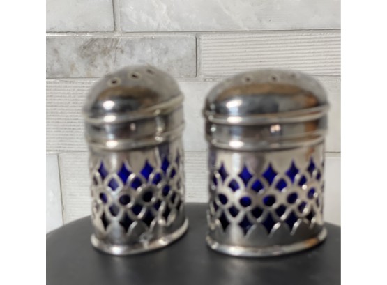 Vintage Cobalt And Silver Plate Mini Salt And Pepper Shakers