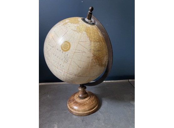 Fabulous 8 Inch Diameter Globe, Wood Base, Metal Arc