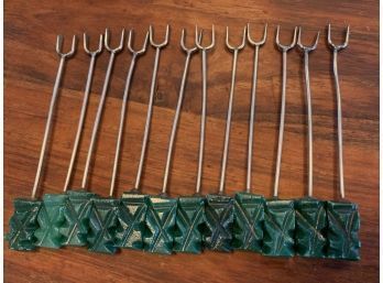 Vintage Carved Jade Green Tiki  Hors DOeuvres Forks/ Cocktail Picks 12 Qty