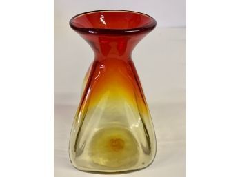 Vintage Blenko Mid- Century Glass Triangle Vase Orange & Yellow