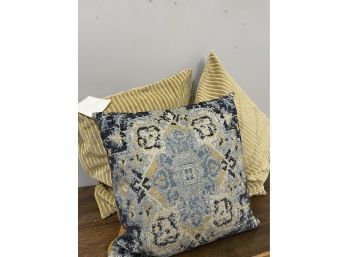 Designer Pillows Lot 3, Set Of Three, Pottery Barn With Blue And Gold