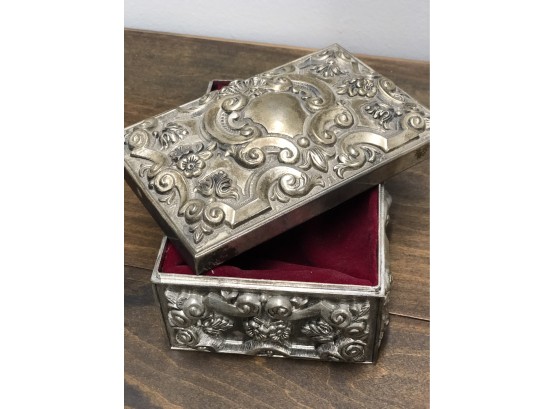 Beautifully Detailed Silverplate Box With Red Velvet Lining
