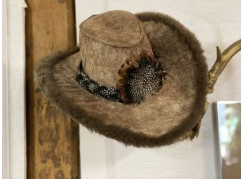 Vintage Shearling Cowboy Hat With Feather Band