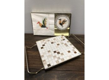 Mid Century Modern Tile Trivet And Classic Rooster Beverage Ensemble