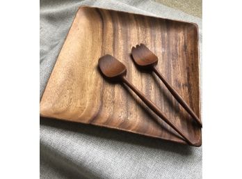 Mid Century Modern Square Wood Platter With Serving Utensils