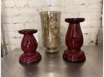 Hurricane Candle Vase And Two Candle Holders