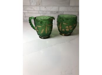 Antique EAPG Delaware US Glass Green & Gold Creamer And Sugar Bowl.