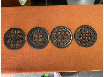 Set Of Four Round Wood Carved Plaques