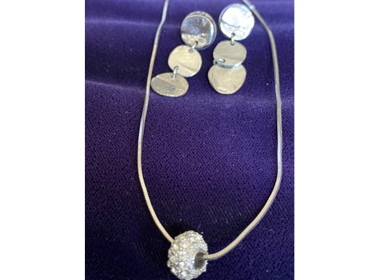 Sterling Silver Necklace With Rhinestone Slide And Artisan Earrings