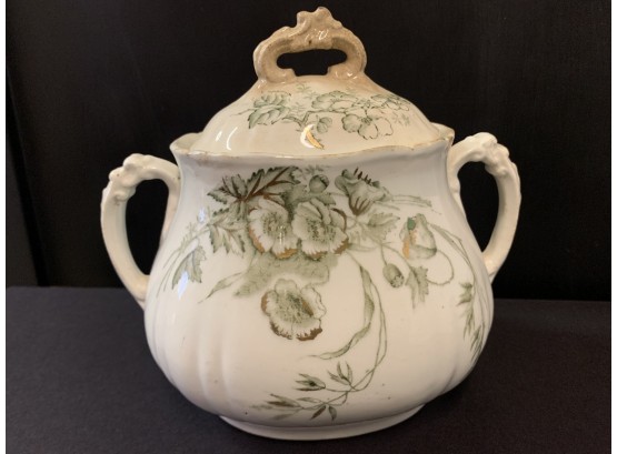Antique Porcelain Vessel With Handles & Lid Approx. 6 X 6 Inches
