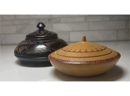 Ornately Carved Wooden Trinket Boxes, A Pair