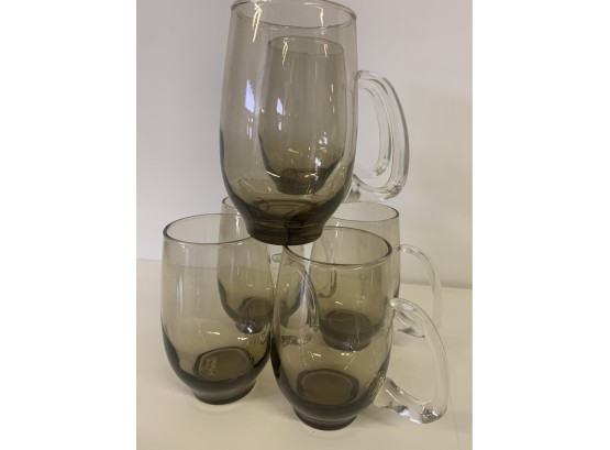 60s Vintage Libbey  Tawny Accent Smoke Brown Clear Handle Glass Mugs Set Of 6