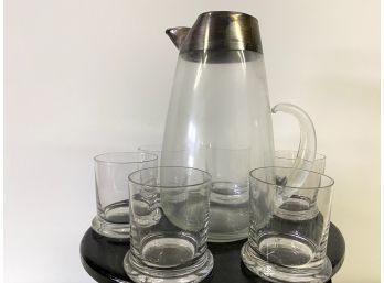 Mid Century Dorothy Thorpe Allegro Silver Rimmed Large Pitcher  And Heavy Cocktail Glasses