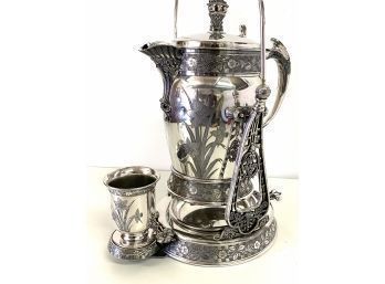 Stunning Victorian SP Water Pitcher In Tilting Cradle With Orig. Cup