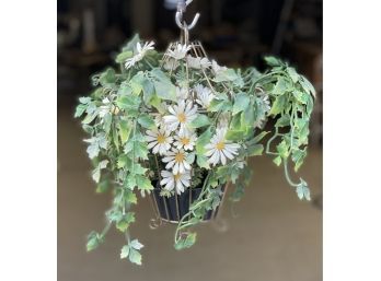 Lovely Vintage Brass Hanging Basket With Faux Daisies And Vines.