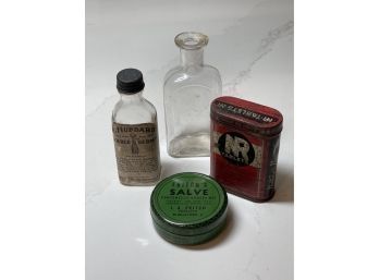 Vintage Apothocary Medicine Bottles And Tins, Fritchs, Natures Remedy & Dr. Hubbards.