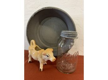 Vintage Enamel Bowl With Cow Creamer & Mason Jar