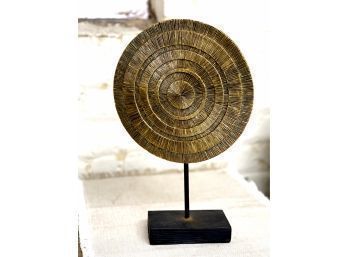 Etched Antiqued Gold Disc On Stand. 9 X 14.5
