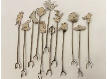 Fantastic Set Of 12 Silver Mexican Style Hors-D'oeuvre Forks