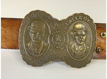 Vintage Brass Belt Buckle ' Pinkertons Gallery - Wild Bunch Beadles Dime Novels And Long Leather Belt
