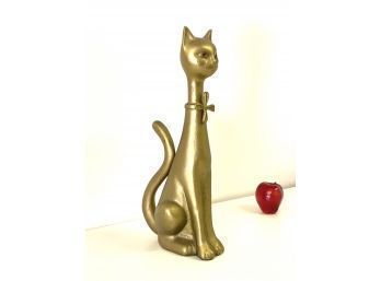 Large Mid Century Brass Cat Statue With Whimsical Bow Tie 19.5 Inches