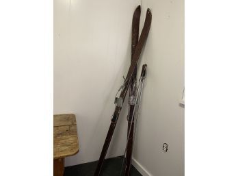 Classic Vintage Wooden Skis And Poles With Leather Baskets