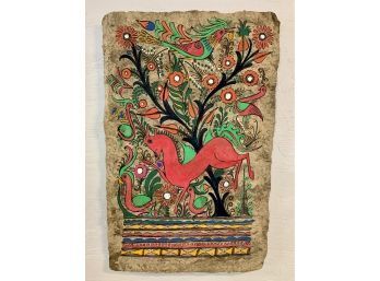 Mexican Folk Art Painting On Amate Bark Paper 32 X 21 Inches