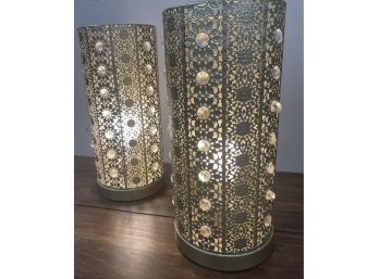 Lovely And Ornate Gold Toned Pierced Metal Tabletop Lamps ( A Pair)