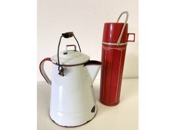 King-Seeley Vintage Thermos And Large Enamel Stovetop Pitcher